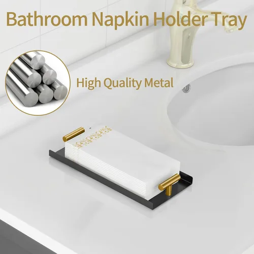 Miniatura 2 de STWWO Servilletero para baño, bandeja para toallas de invitados para baño, servilleteros negros con mango en T dorado, bandeja para toallas de mano