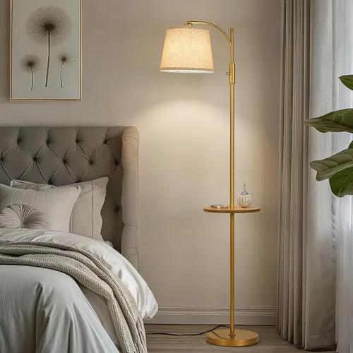 Miniatura 7 de AIDENOEY Lámpara de pie totalmente regulable para sala de estar, lámpara de pie con interruptor giratorio con mesa y pantalla beige de lino, Dorado-1