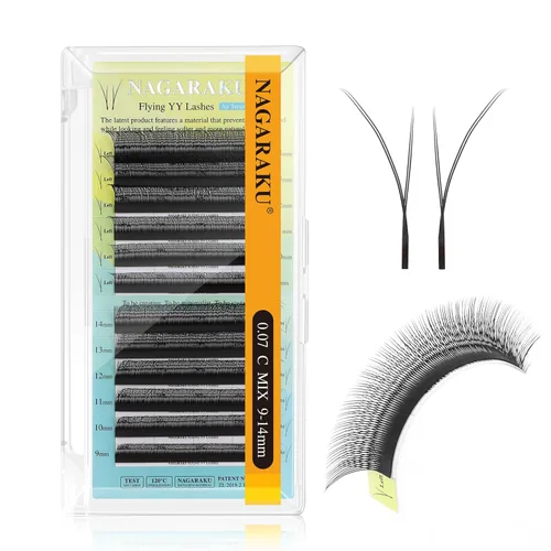 Miniatura 133 de Suministros de extensiones de pestañas NAGARAKU yy, pestañas falsas 0.05mm rizado D, bandeja mixta 8-12mm, prefabricadas 4D, abanico fácil, volumen