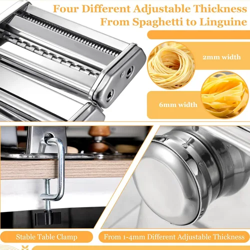 Miniatura 5 de Hushee Juego de 8 Piezas de Máquina para Hacer Pasta Incluyendo Máquina para Hacer Fideos de Acero Inoxidable Estante de Secado de Pasta de Madera