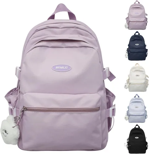 VTTDB Mochila Kawaii con Lindos Accesorios Mochila Diurna Estética Casual Bolsa Simple para Laptop Mochila de Viaje Impermeable para Mujeres, Púrpura