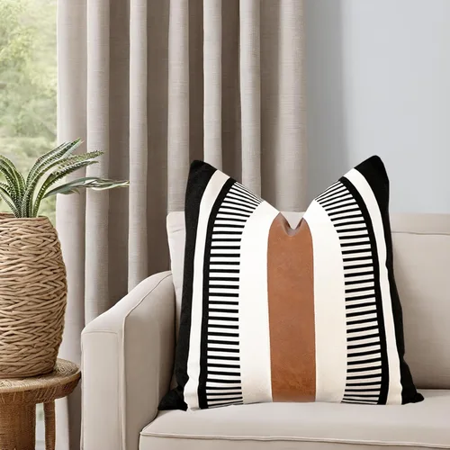 Miniatura 2 de Funda de almohada bohemia de color blanco y negro con piel, funda de cojín moderna de 22 x 22 pulgadas, funda de almohada de rayas estilo campestre
