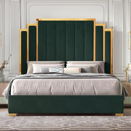 Miniatura 8 de HOWE Base de cama tamaño Queen y cabecera de 61 pulgadas, cama tapizada con borde chapado en oro, cama de plataforma moderna, no necesita somier
