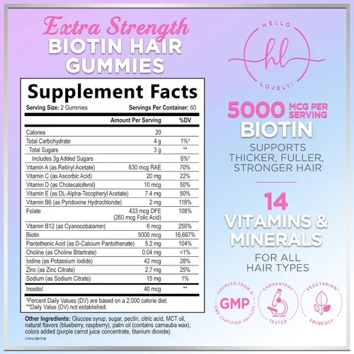 Miniatura 2 de Hello Lovely - Gomitas de vitaminas para el cabello con biotina, 5000 mcg de vitaminas E y C que apoyan el crecimiento del cabello, vegetariano