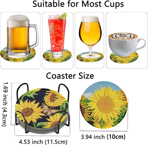 Miniatura 5 de TDOOW 8 Piezas Posavasos de Pintura de Diamante, Posavasos de Arte de Diamante de Girasol para Adultos DIY Posavasos de Arte de Diamante