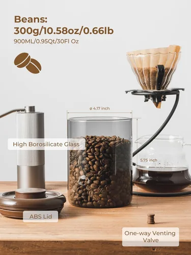 Miniatura 5 de Recipiente de vidrio para café molido hermético de 10 oz – Bote de café molido con tapa Pop Top y válvula de CO₂, recipiente de granos de café