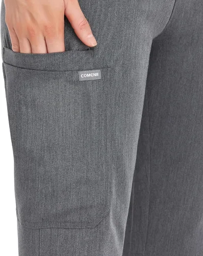 Miniatura 5 de COMENII Pantalones médicos para mujer, pantalones de tiro medio de pierna recta con cintura de yoga de punto, pantalones quirúrgicos antiarrugas