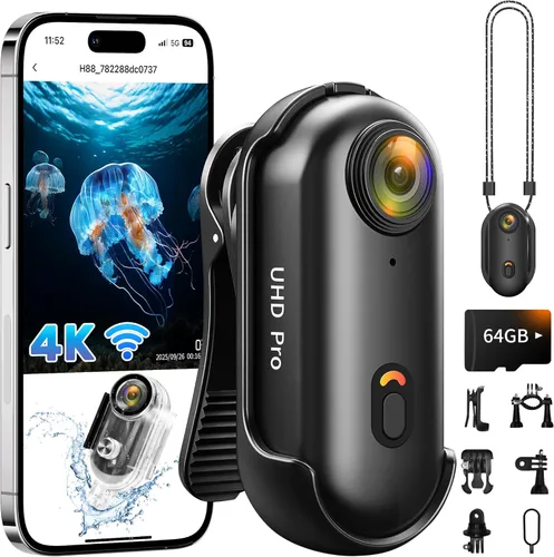 Cámara de acción 4K (64 GB), cámara POV mejorada para 2026, WiFi, cámara a presión para el pulgar con funda impermeable, cámara deportiva portátil,
