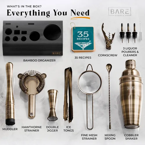 Miniatura 4 de BARE BARREL Mixology Bartender Kit Bar Set Juego de coctelera de 14 piezas Herramientas de mezcla de Martini Barware para el hogar Incluye 35