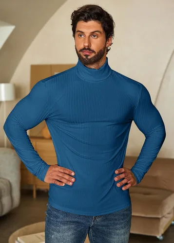 Miniatura 7 de COOFANDY Camisetas de manga larga con cuello alto para hombre, ajustadas, acanaladas, básicas, suéter de punto ligero