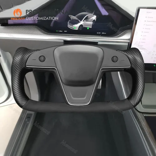 Miniatura 2 de MEWANT Funda para Volante de Coche de Fibra de Carbono Mate y Ante Cosida a Mano para Tesla Yoke Modelo S Plaid 2021-2023 / Modelo X 2021-2023