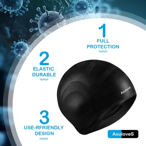 Miniatura 3 de Paquete de 2 gorros de natación unisex con protección 3D para los oídos, gorras de natación de silicona duraderas para mujeres, hombres, adultos