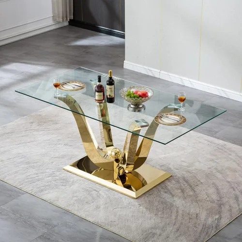 Miniatura 3 de Mesa de comedor moderna de vidrio de 70 pulgadas para 6-8, mesa de comedor de cristal dorado de lujo con base de acero inoxidable en forma de flores