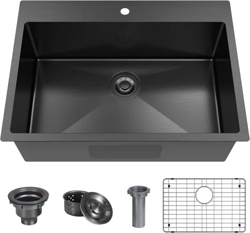 Miniatura 7 de Fregadero de barra de cocina negro de 25 x 22 pulgadas, fregadero de cocina pequeño, fregadero de cocina de un solo tazón, fregadero de barra