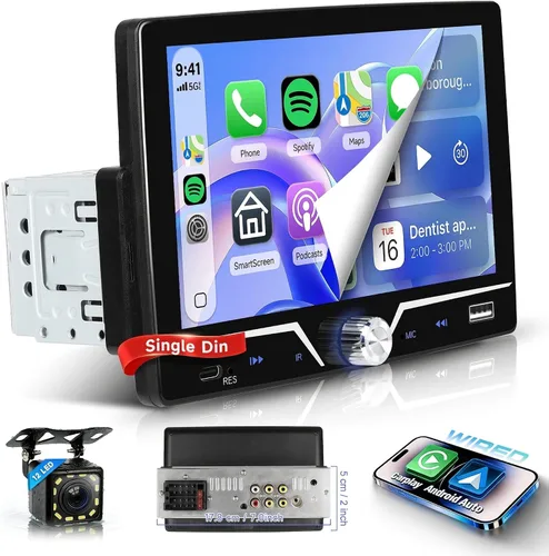 Estéreo de automóvil de un solo DIN con cable Carplay Android Auto, Sellrich de 7 pulgadas, pantalla táctil, Bluetooth, radio para automóvil con