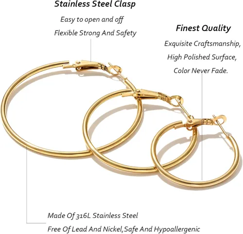 Miniatura 3 de Juego de 6 pares de aretes de aro chapados en oro de acero inoxidable para mujeres y niñas aros hipoalergénicos para mujer 304050in Acero inoxidable