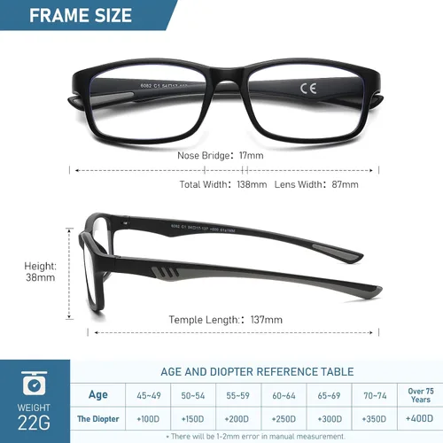 Miniatura 6 de LKEYE Gafas de Lectura Deportivas para Hombre con Lentes Fotocromáticas, Bloqueo de Luz Azul, para Computadora, Estilo Ancho, Bisagra de Resorte