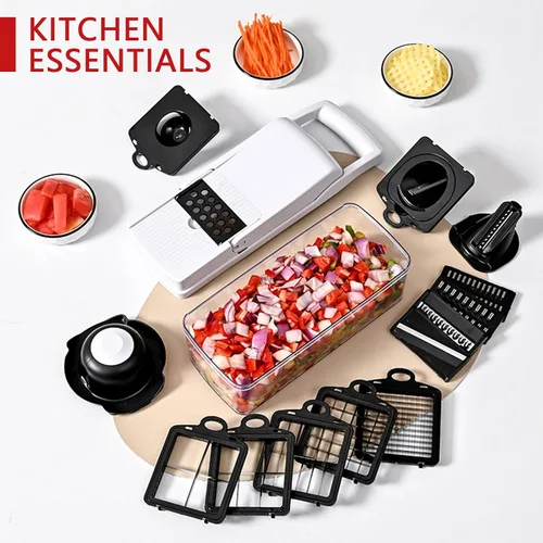 Miniatura 6 de Picador de verduras 25 en 1 con 13 cuchillas, cortador de mandolina, picador de alimentos con recipiente, rallador de queso, picador de cebolla