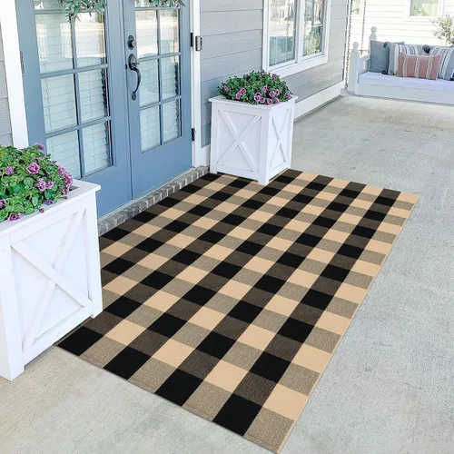Miniatura 33 de KOZYFLY - Alfombra de algodón a cuadros, 47.2 x 70.8 pulgadas, lana cuadriculada, 4 x 6 pies, lavable y tejida a mano para entrada, cocina, porche