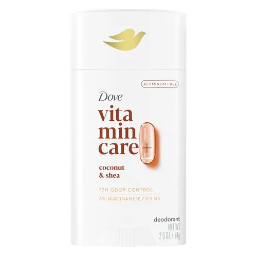 Dove VitaminCare+ Desodorante en barra libre de aluminio para protección de olores 72H Desodorante transpirable de coco y karité para mujeres, 2.6