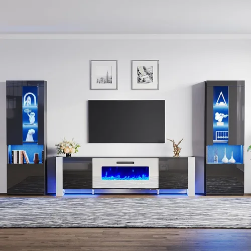 Miniatura 10 de AMERLIFE Moderno soporte de TV con chimenea de 70 pulgadas con chimenea eléctrica de 36 pulgadas y 2 estanterías LED de almacenamiento grandes, Todo