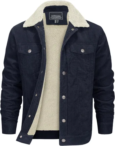 Miniatura 9 de EKLENTSON Chaquetas de pana para hombre, con forro de sherpa, abrigo de invierno térmico cálido, chaqueta de forro polar casual con solapa