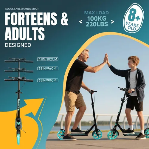 Miniatura 2 de Patinete para niños de 8+ años, adolescentes y adultos, con freno de mano delantero y freno trasero, y manillar ajustable, ruedas grandes y Negro