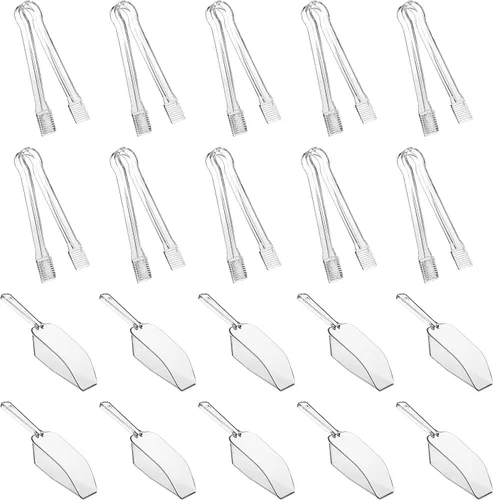 Paquete combinado de 20, 10 pinzas de plástico para servir, mini pinzas de cocina, pinzas de cocina y 10 cucharas de plástico transparente para