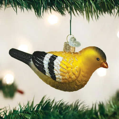 Miniatura 2 de Old World Christmas Adorno de cristal soplado de jilguero americano para árbol de Navidad, decoración navideña artesanal, colección de observadores