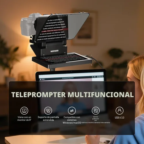 Miniatura 6 de NEEWER Teleprompter 2 en 1 de 11 pulgadas con monitor para Windows MacOS, compatible con duplicación de pantalla, indicador portátil para cámara