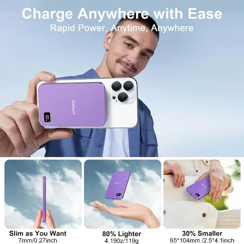 Miniatura 6 de Cargador portátil magnético de 5000 mAh, cargador inalámbrico ultra delgado de 15 W, carga rápida para iPhone 17/16/15/14/13/12 Pro/Pro Max/Plus