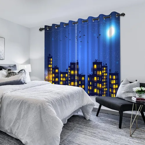 Miniatura 4 de Cortinas de superhéroe de 53 x 84 pulgadas, diseño de dibujos animados, cómic, edificios de ciudad, edificios, 2 paneles de oscurecimiento