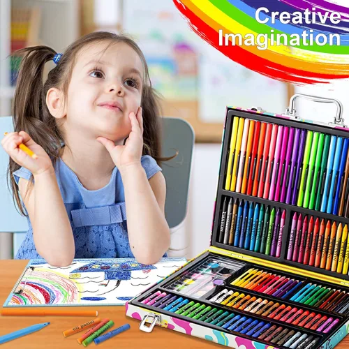 Miniatura 8 de Suministros de arte, juego de 180 piezas para dibujar y pintar para niños, niñas, niños, adolescentes, juego de arte para colorear con estuche