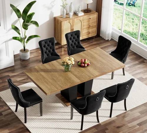 Miniatura 2 de Henf Juego de mesa de comedor extensible de 78 pulgadas para 6 mesas rectangulares de madera de 7 piezas con 6 sillas tapizadas de terciopelo, mesa