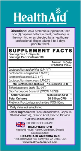 Miniatura 2 de HealthAid TravelProbio - Probiótico de 20 mil millones de UFC – Saccharomyces boulardii + Prebiótico (FOS), resistente a ácidos y bilis – Vegano una