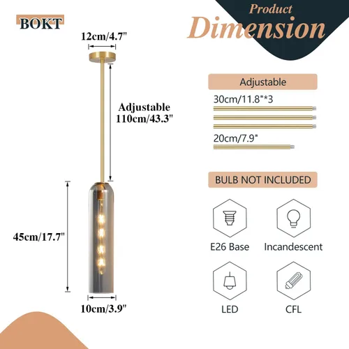 Miniatura 3 de BOKT Moderna lámpara colgante de cristal, lámpara nórdica de tubo largo, lámpara colgante ajustable de mediados de siglo, iluminación colgante