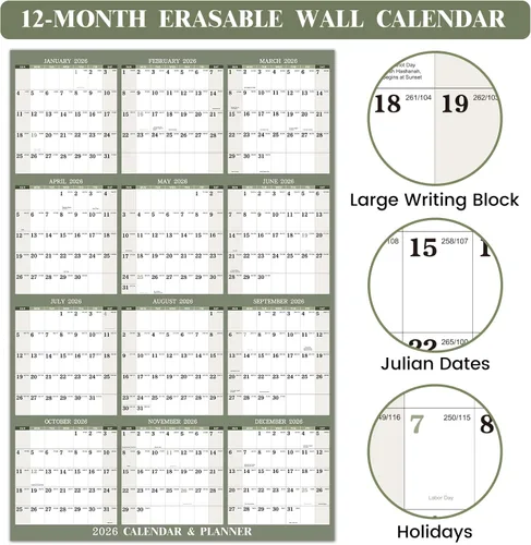Miniatura 3 de Calendario anual de pared 2026 – Calendario de borrado en seco 2026 para pared, 34.6 x 22.9 pulgadas, enero 2026 a diciembre de 2026, calendario