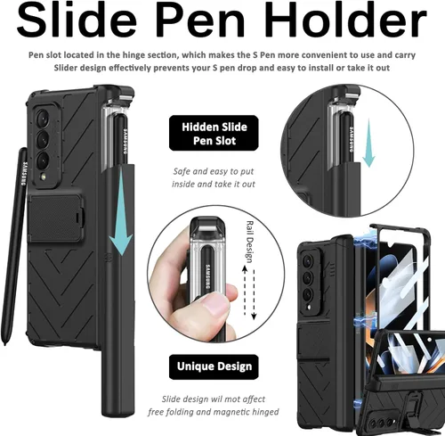 Miniatura 4 de Miimall Funda compatible con Samsung Galaxy Z Fold 4 con soporte para bolígrafo, protector de pantalla de vidrio templado integrado + función atril