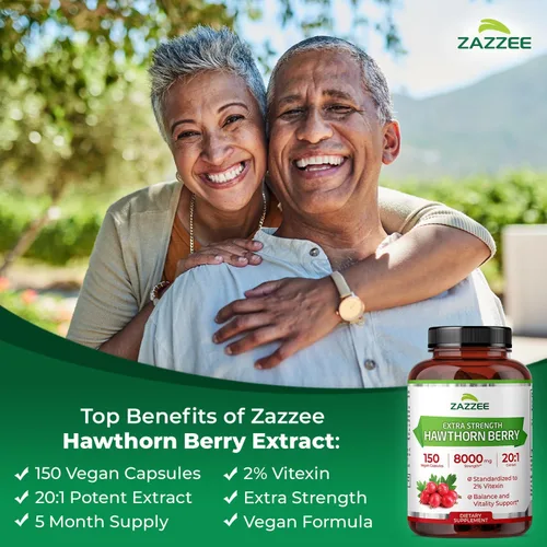 Miniatura 2 de Zazzee - Extracto de baya de espino blanco extrafuerte 20:1, 8000 mg de fuerza, 2% de vitexina, 150 cápsulas veganas, suministro para 5 meses