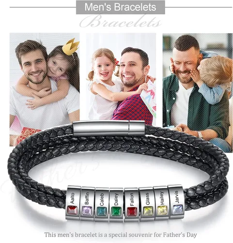 Miniatura 16 de Pulsera personalizada para el Día del Padre para hombre, pulseras personalizadas de cuero trenzado negro con cuentas grabadas de 1 a 8 nombres