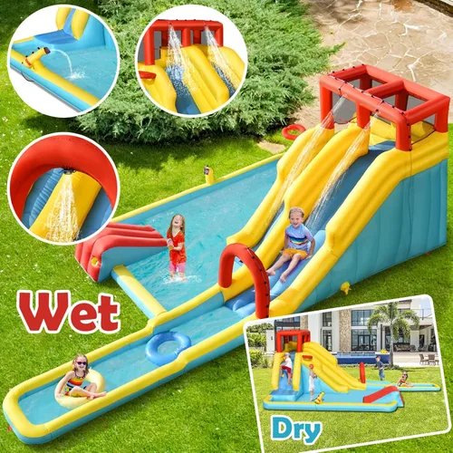 Miniatura 3 de HONEY JOY Tobogán acuático inflable, doble tobogán gigante con parque acuático con escalada, piscina de salpicaduras, toboganes acuáticos inflables