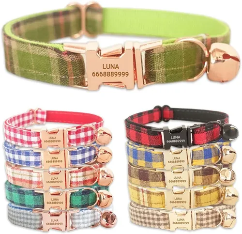 PETDURO Collares de gato a cuadros personalizados hechos a mano con campana y hebilla de metal grabada con nombre personalizado para gatos lindos y