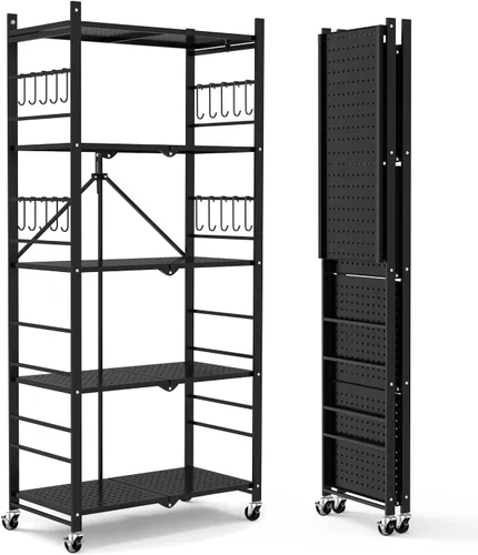 Miniatura 14 de Himix Estantes de almacenamiento con 6 ganchos, estante plegable de 3 niveles con ruedas, estantería de almacenamiento de metal, carrito rodante