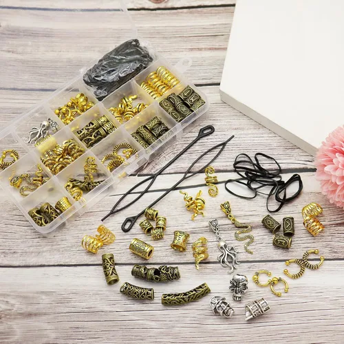 Miniatura 5 de 207 piezas de joyería para cabello vikingo, cuentas de runas nórdicas en tubo, kit de accesorios para trenzas, rastas, barba, locs, clips metálicos