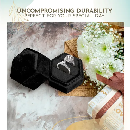 Miniatura 7 de Caja de terciopelo para anillos, color negro, con 2 ranuras, exquisita caja para anillos de boda, preciosa caja hexagonal para anillos de boda