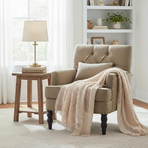 Miniatura 14 de HUIMO Silla de Club Acolchada, Silla de Acento con Almohada Lumbar, Sillón Tapizado con Botones, Sillas de Sofá de Tela de Lino para Dormitorio