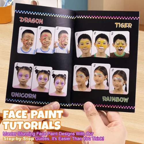 Miniatura 7 de Kit de pintura facial de 54 colores para niños, kit de maquillaje de pintura facial no tóxica con plantilla, libro guía, kit de maquillaje