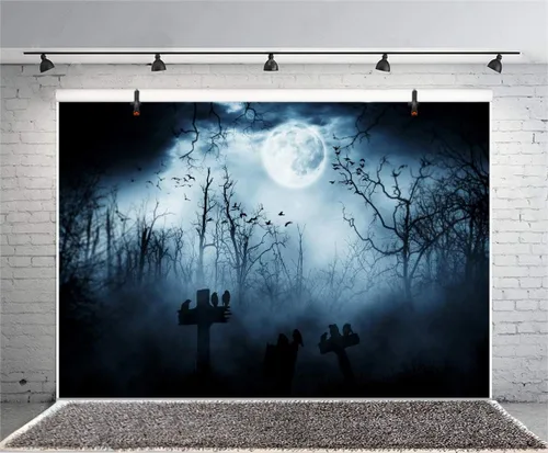 Miniatura 4 de Leyiyi Telón de fondo gótico de Halloween de 5 x 3 pies, grunge, cementerio, tumba, piedra cruz, cuervos, bosque brumoso, luna llena, murciélagos