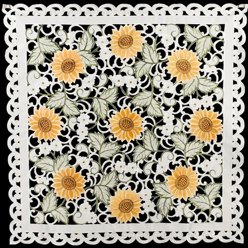 Miniatura 4 de Mantel bordado de girasol y margarita blanca en marfil de tejido abierto, mantel pequeño (cuadrado de 33 pulgadas)