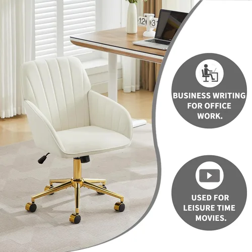 Miniatura 7 de YITAI Silla de escritorio de terciopelo con ruedas y base dorada, silla de tocador tapizada moderna ajustable en altura con giro de 360 grados